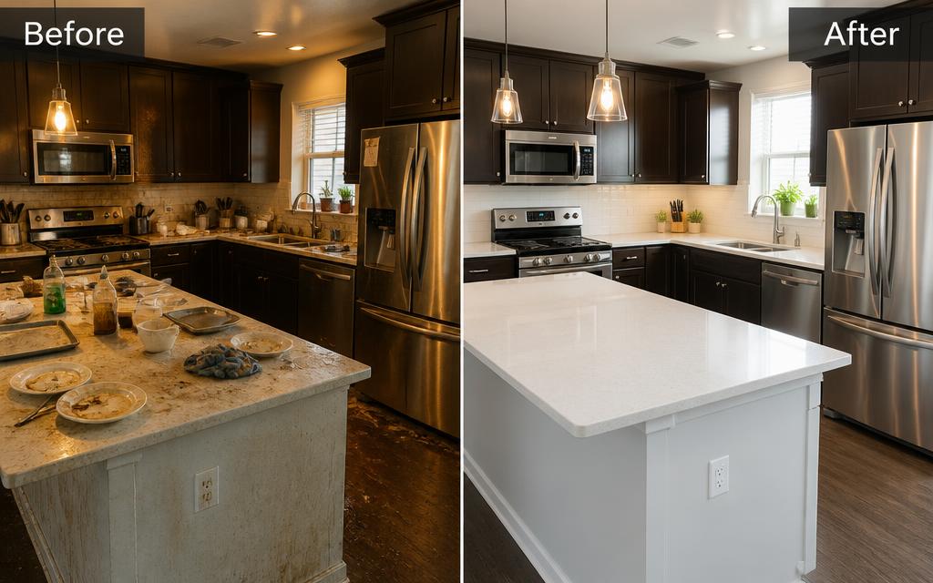 Kitchen deep clean before and after — greasy countertops transformed into a spotless cooking space