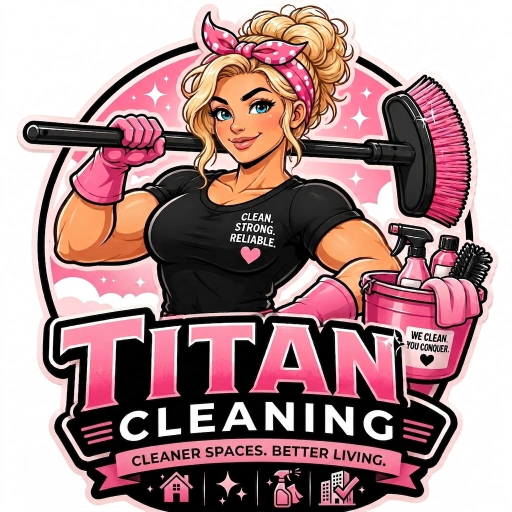 Titan Cleaning logo — a strong cleaner with a mop over her shoulder